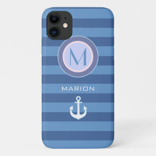 blue stripes & anchor monogrammed iPhone 11 case