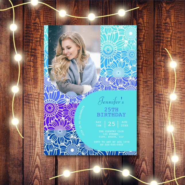 Blue Stripes Arch Photo Floral Birthday  Invitation (Creator Uploaded)