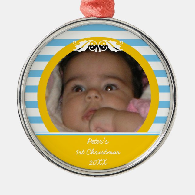 Blue stripes Baby’s 1st Christmas photo Ornament (Front)
