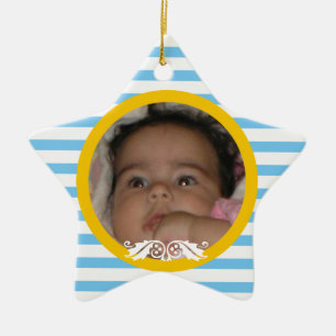 Blue stripes Baby’s 1st Christmas photo Ornament