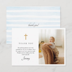 Blue Stripes Baptism Photo Flat Thank You Card