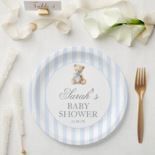 Blue Stripes Bear Baby Shower Paper Plate
