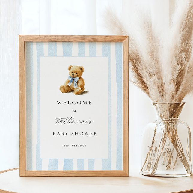 Blue Stripes Bear Baby Shower Welcome Poster (Créateur téléchargé)