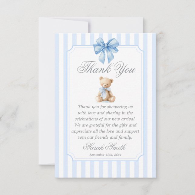 Blue Stripes Bear Grand millennial Thank You Card (Front)