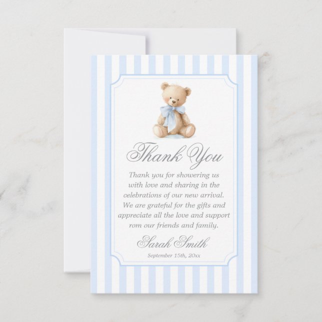 Blue Stripes Bear Grand millennial Thank You Card (Front)