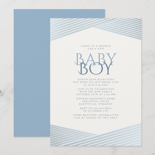 Blue Stripes Bienvenue Baby shower Invitation (Devant / Derrière)