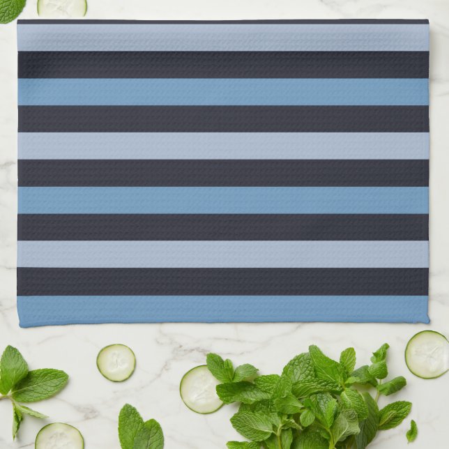 Blue Stripes, Black Stripes, Striped Pattern Kitchen Towel (Folded)