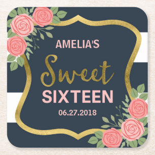 Blue Stripes, Blush Pink Roses Sweet Sixteen Square Paper Coaster