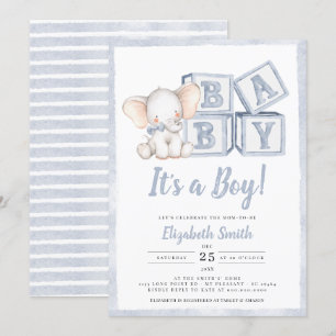 Blue Stripes Boy Elephant Peanut Baby Shower Invitation