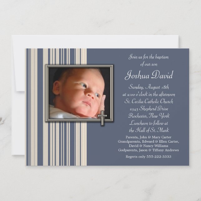 Blue Stripes Boy Photo Christening Invitations (Devant)