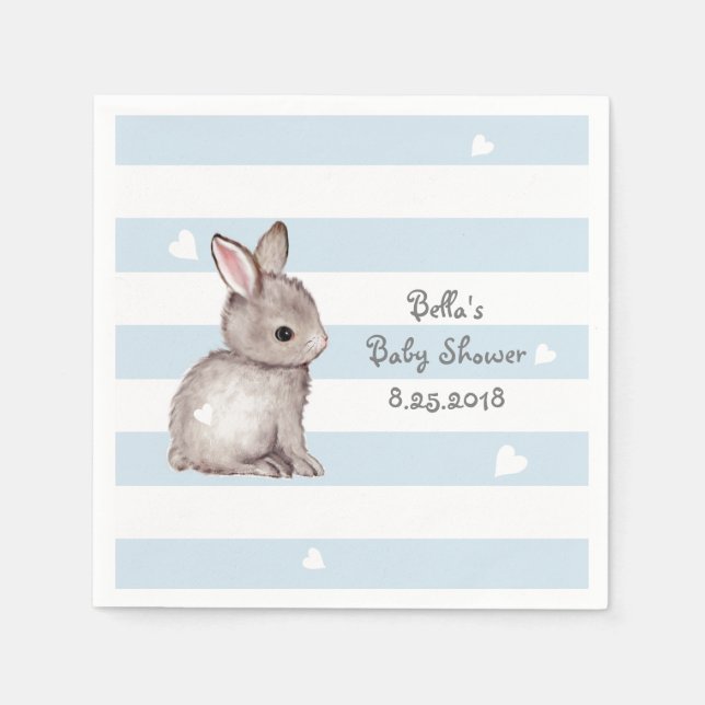 Blue Stripes Bunny Baby Shower Paper Napkin (Front)