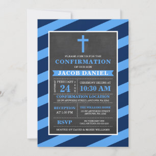 Blue Stripes Chalkboard Boy Confirmation Invitation