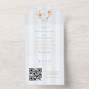 Blue Stripes Crest Bow Monogram Spring Wedding All In One Invitation