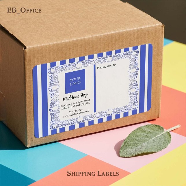 Blue Stripes & Curly Frame & Logo (Chic Blue & White Stripes with Logo.
Size: 3.75” L x 2” W - Eight labels per sheet
)