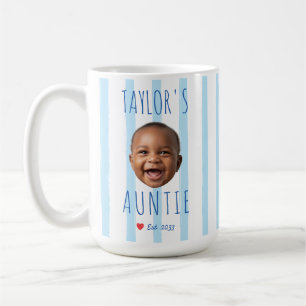 Blue Stripes Custom Photo & Name Baby Face Auntie Coffee Mug