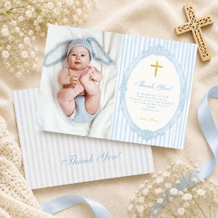Blue Stripes Elegant Vintage Boy Baptism Photo Thank You Card