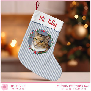 Blue Stripes Evergreen Wreath Pet Cat Photo Small Christmas Stocking