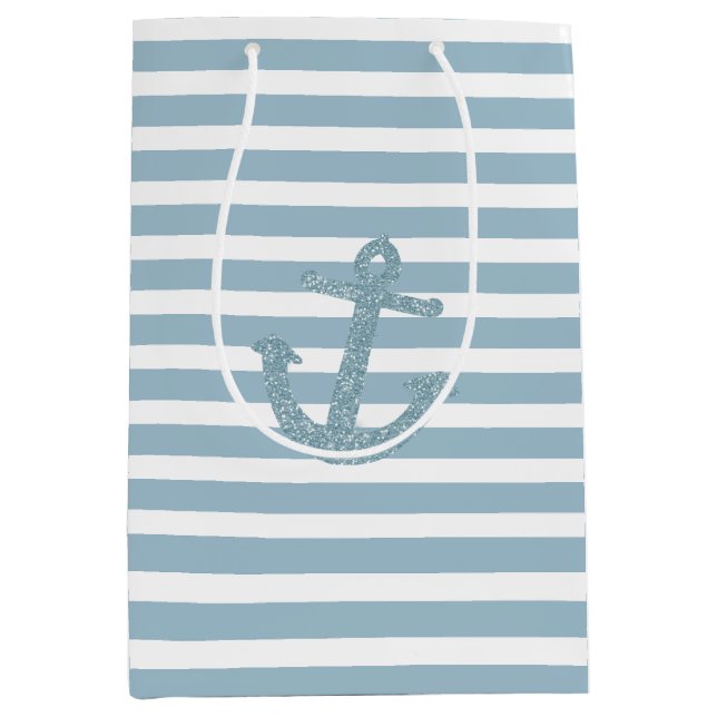 Blue Stripes Faux Glitter Anchor Medium Gift Bag (Front)