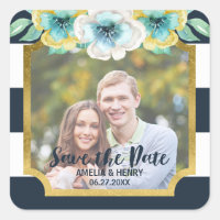 Blue Stripes Faux Gold Floral Save the Date Photo