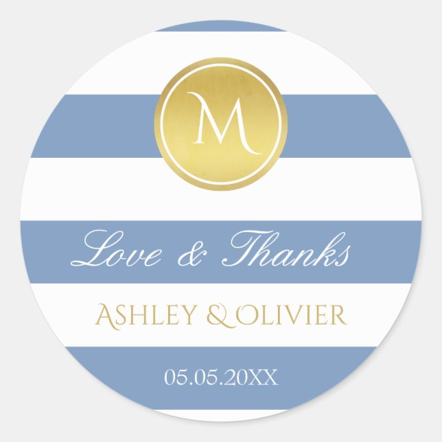 Blue Stripes & Faux Gold Monogram Love & Thanks Classic Round Sticker (Front)