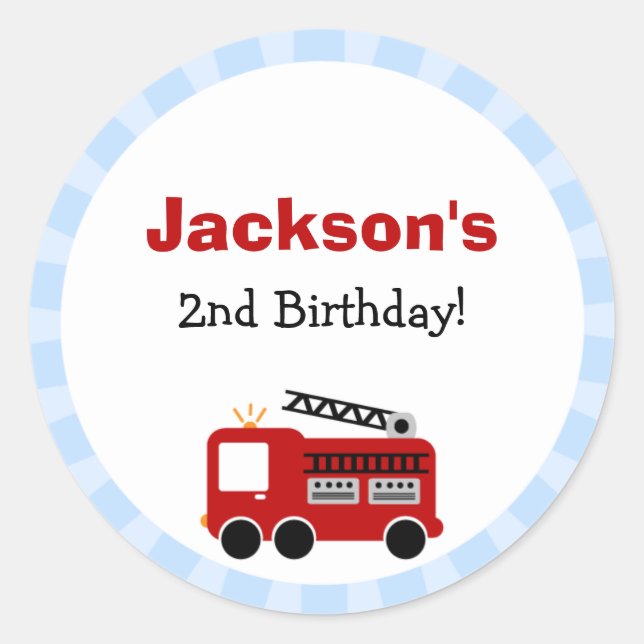 Blue Stripes Fire Truck Birthday Stickers (Front)