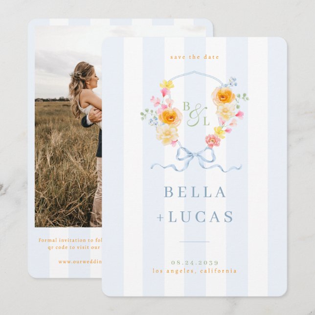 Blue Stripes Floral Crest Monogram Spring Wedding Save The Date (Front/Back)