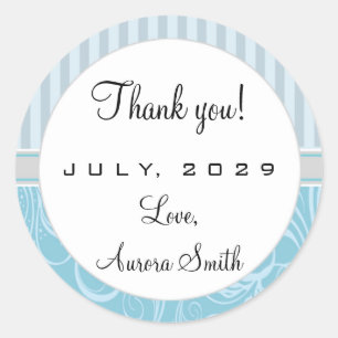 Blue Stripes Floral Thank You Round Label