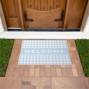 Blue Stripes Gingham Pattern Welcome Doormat