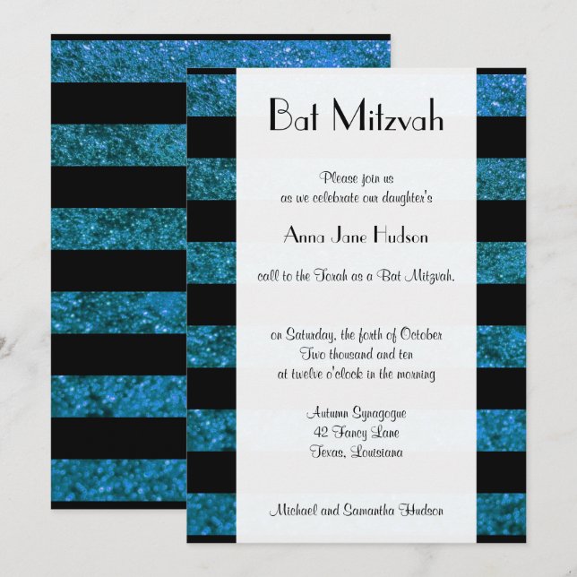 Blue Stripes, Glitter Stripes, Lines, Bat Mitzvah Invitation (Front/Back)