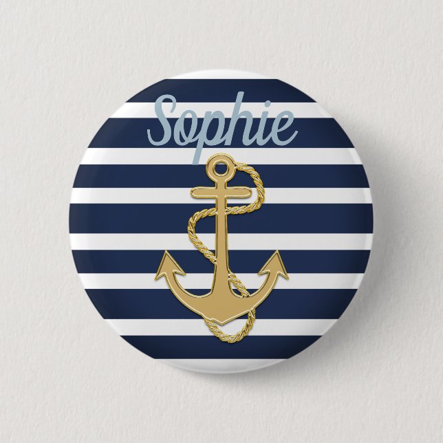 Blue Stripes & Gold Anchor Nautical 2 Inch Round Button (Front)