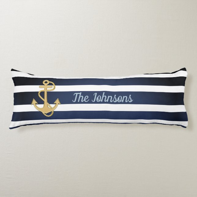Blue Stripes & Gold Anchor Nautical Body Pillow (Front)