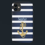 Blue Stripes & Gold Anchor Nautical iPhone 11 Case<br><div class="desc">Blue Stripes & Gold Anchor nautical design. 
Customize to your liking; it's a template. :)</div>