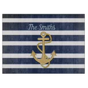 Blue Stripes & Gold Anchor Nautical Cutting Board