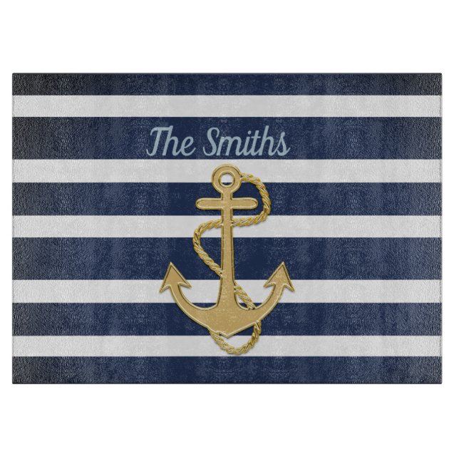 Blue Stripes & Gold Anchor Nautical Cutting Board (Front)