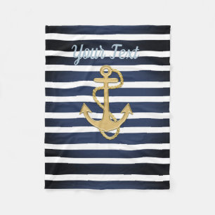 Blue Stripes & Gold Anchor Nautical Fleece Blanket