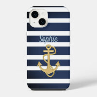 Blue Stripes & Gold Anchor Nautical