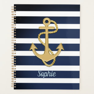 Blue Stripes & Gold Anchor Nautical Planner