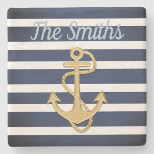 Blue Stripes & Gold Anchor Nautical Stone Coaster