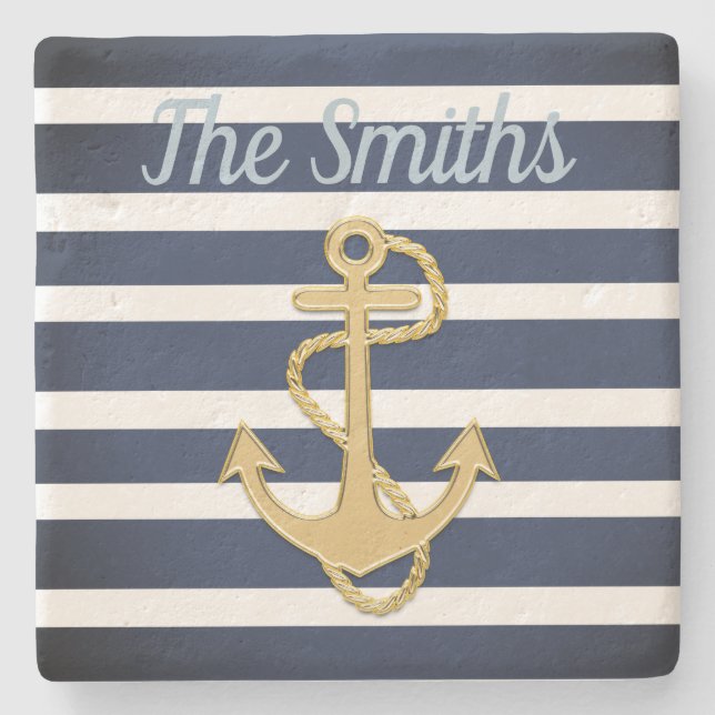 Blue Stripes & Gold Anchor Nautical Stone Coaster (Front)
