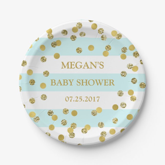 Blue Stripes Gold Confetti Baby Shower Plate (Front)
