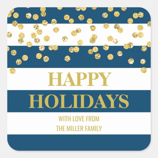 Blue Stripes Gold Confetti Happy Holidays Custom Square Sticker (Front)