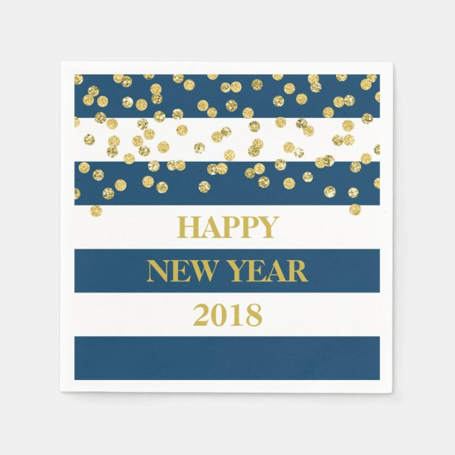 Blue Stripes Gold Confetti Happy New Year Napkins (Front)