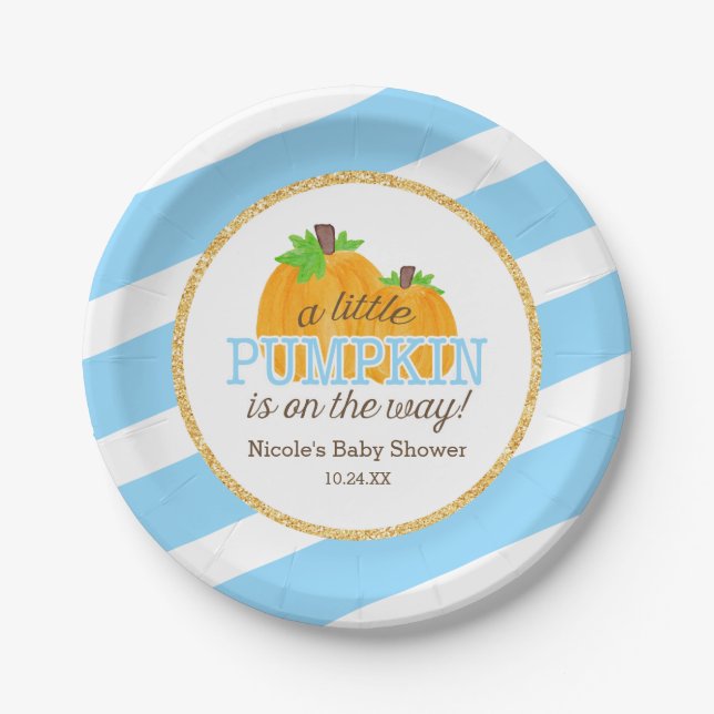 Blue Stripes Gold Little Pumpkin Fall Baby Shower Paper Plate (Front)