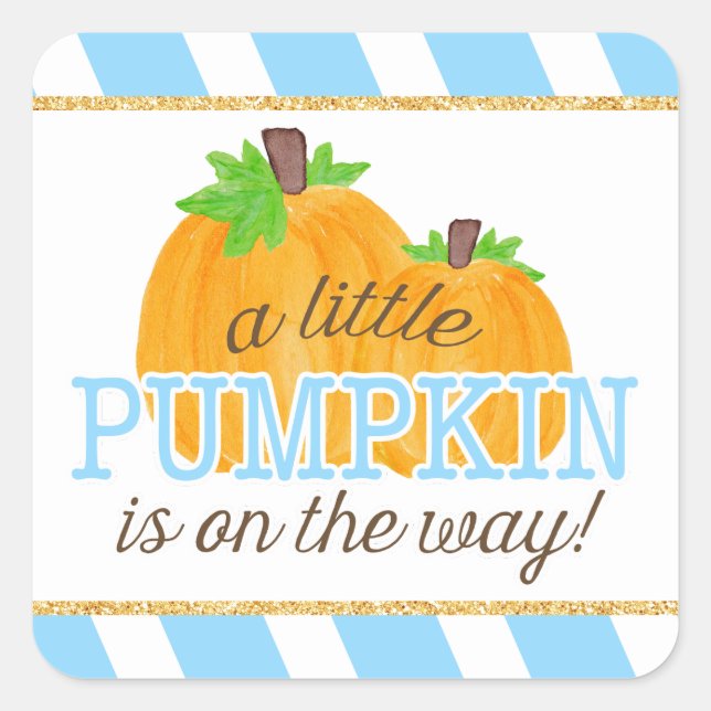 Blue Stripes Gold Little Pumpkin Fall Baby Shower Square Sticker (Front)
