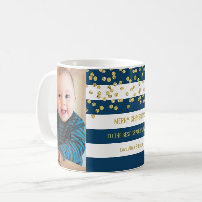 Blue Stripes Gold Photo Best Grandma Christmas Coffee Mug (Front Left)