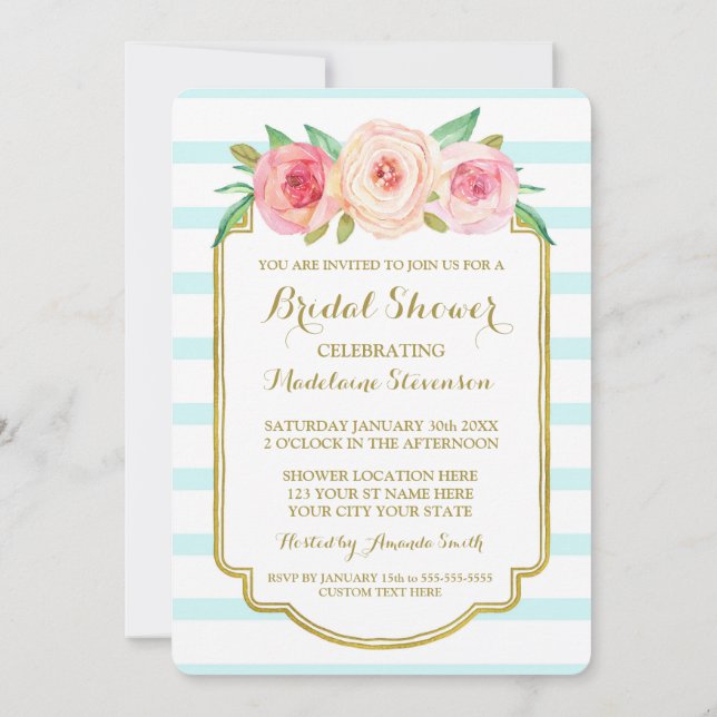 Blue Stripes Gold Pink Floral Bridal Shower Invitation (Back)