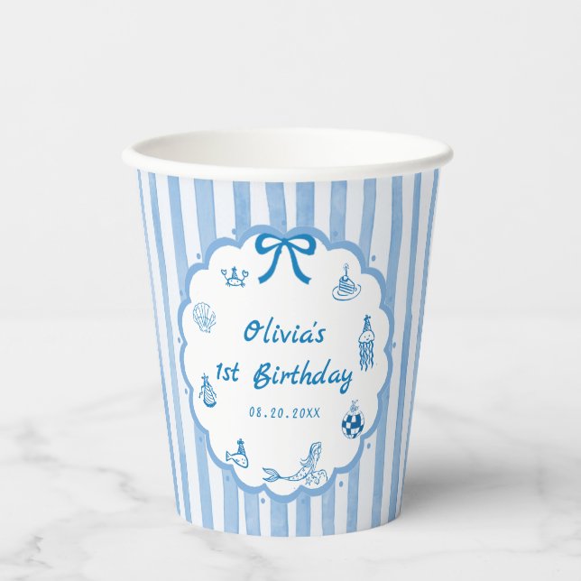 Blue Stripes Hand Drawn Summer Birthday Paper Cups (Front)