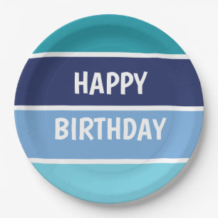 Blue Stripes Happy Birthday Paper Plate