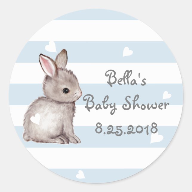 Blue Stripes Heart Bunny Baby Shower Stickers (Front)