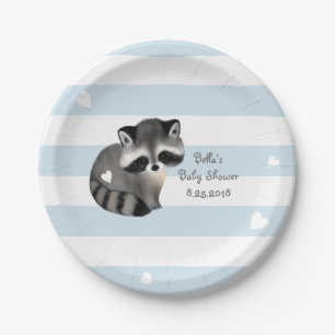 Blue Stripes Heart Raccoon Party Paper Plate